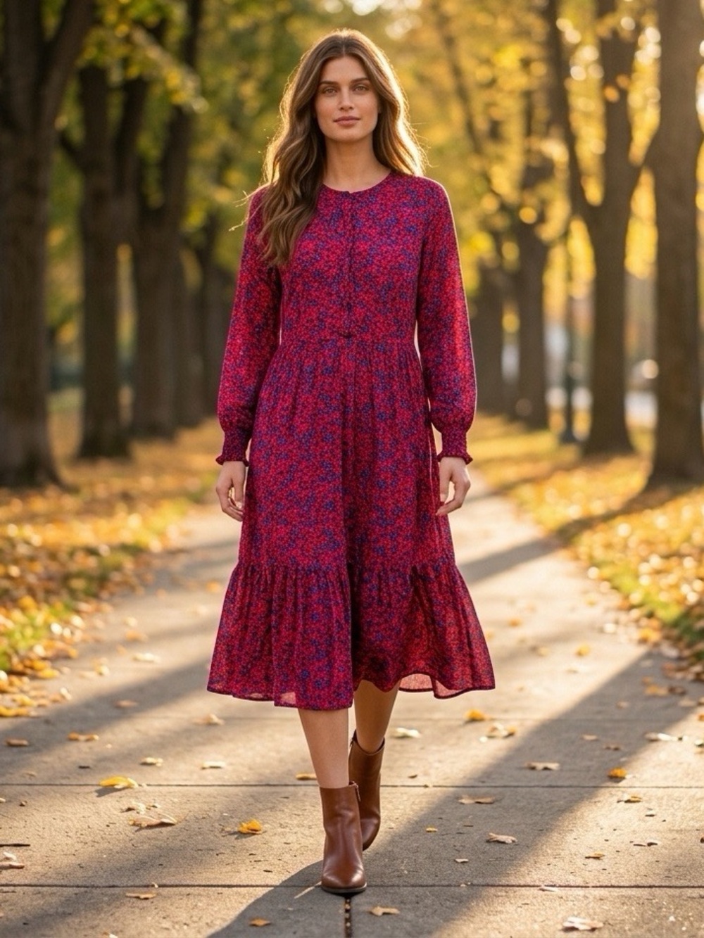 Gap Pink Blue Floral Long Sleeve Tiered Midi Dress Size L
